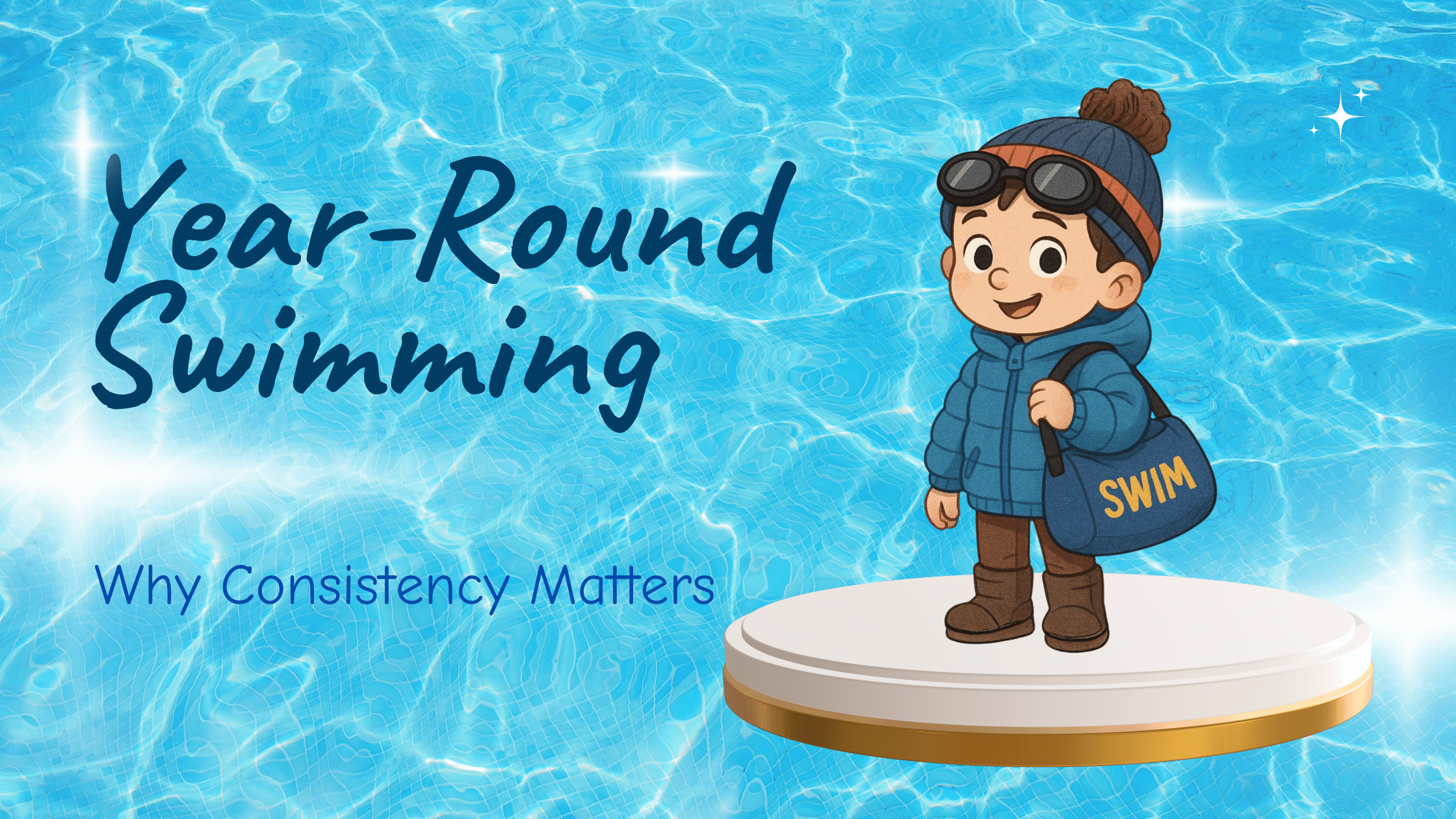 Child ready to swim in an indoor heated pool during winter, happy and confident